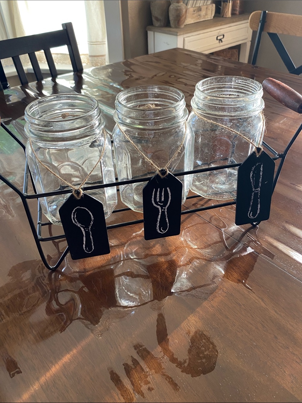 Rustic Glass Mason Jar Utensil Holder Set with Black Chalkboard Tags